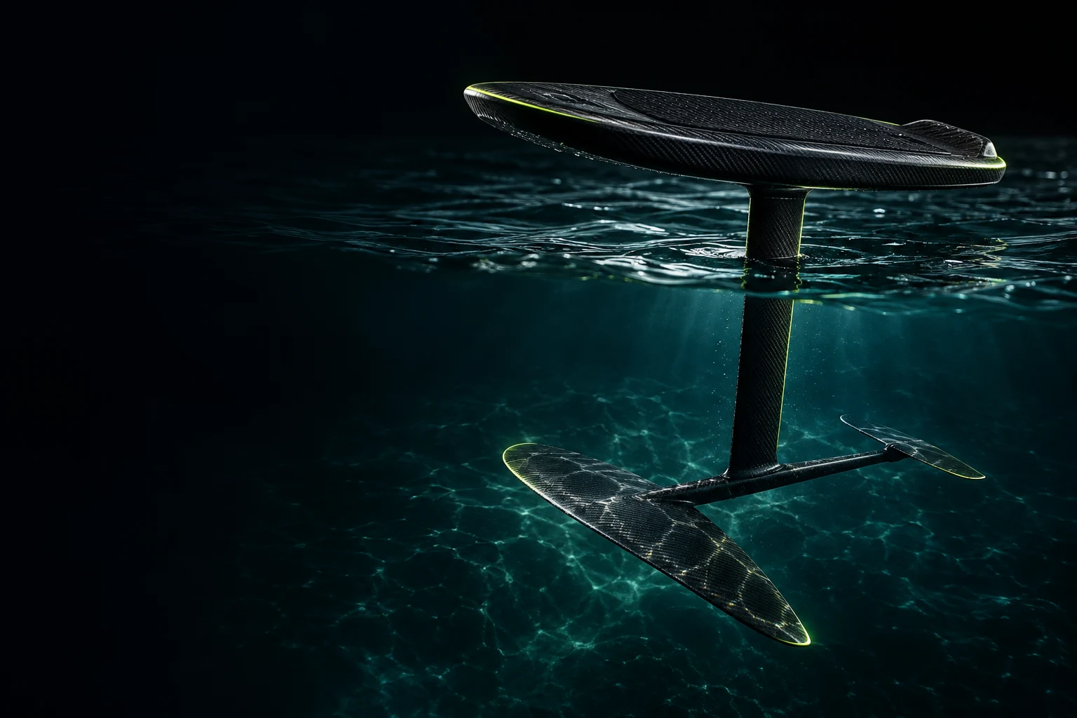 Carbon hydrofoil board above dark teal water, with its mast and wing visible below the surface